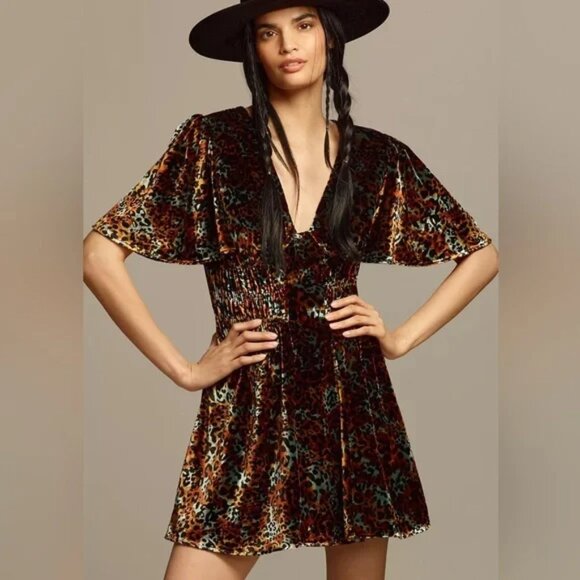 Anthropologie Short Sleeve Velvet Mini Dress